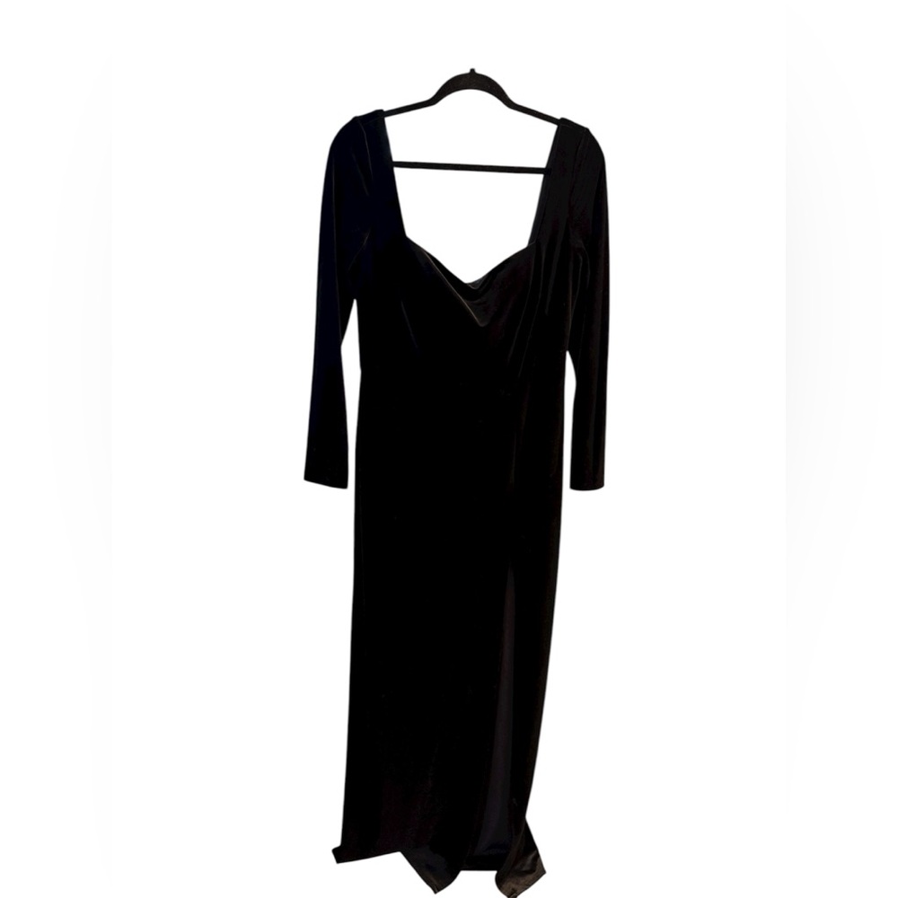 Jenny Yoo Rachel Velvet Gown Square Neck Long Sleeve Side Slit Black Size 14 - Picture 6 of 11